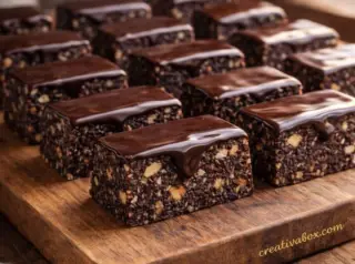 Sočne čokoladne pločice s orasima na drvenoj dasci.